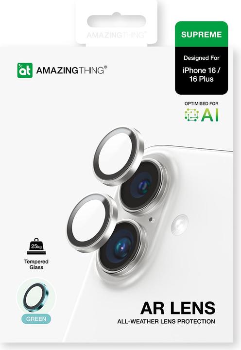 Produktbild Amazingthing AR Aluminium 2 Linsenglas mit Kameralinsenrahmen für iPhone 16 / 16 Plus - Grün (1 Stück, Apple iPhone 16)