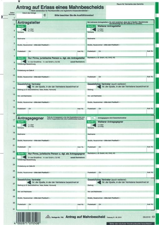 Nährwerte und Zutaten Rnk 10 RNK-Verlag Mahnbescheid für maschinelle Bearbeitung Formulare 705/10 (2 x)
