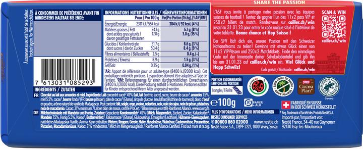 Nutritional values and ingredients Cailler Chocmel Milk Chocolate Bar with Almonds and Honey (100 g)