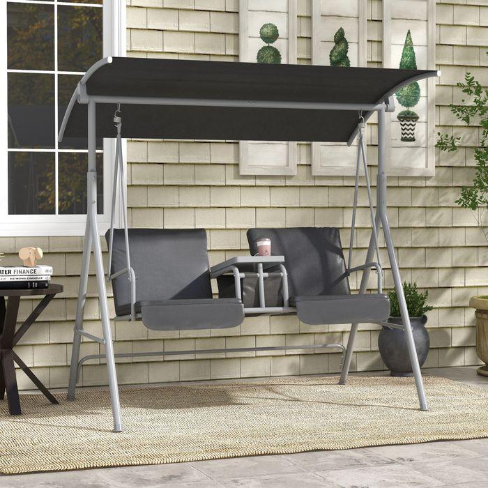 Produktbild Swisshandel24 Hollywoodschaukel 2-Sitzer mit Tablett, bis 180 kg Belastbar, Balkon, Schwarz