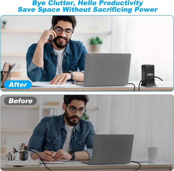Produktbild PhoneLook Schnellladegerät 440W GaN Multi-Port mit LED-Anzeigen 8-in-1 USB-C/USB-A CH/EU Weiss (440 W)