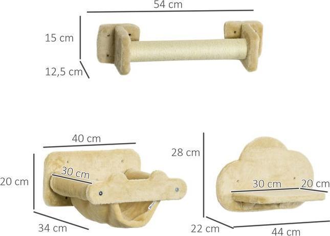 Produktbild Swisshandel24 Katzen Kletterwand 5-teiliges Set mit Treppe, 2 Kratzstämmen, Plattformen, Hängematte, Plüsch (28 cm, Beige)