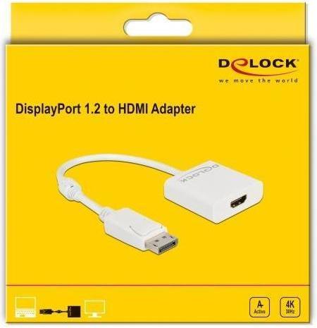 Produktbild Delock Adapter DisplayPort 1.2 Stecker zu HDMI Buchse 4K Aktiv weiss (HDMI, 20 cm)