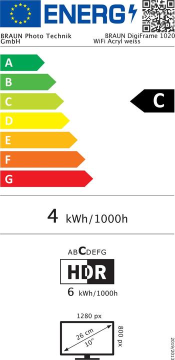 Energy Label Braun Photo BRAUN DigiFrame 1020 WiFi Acryl weiss (10.10", 1280 x 800 pixels)