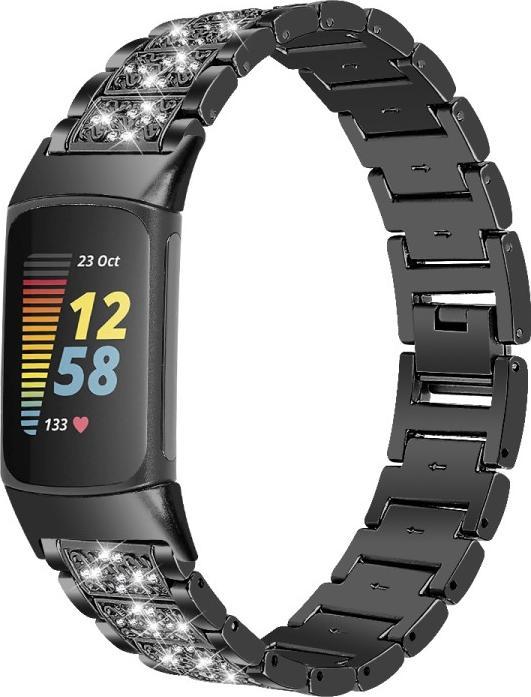 Produktbild Cover-Discount Fitbit Charge 5 - Edelstahl mit Strass Armband schwarz (Edelstahl)