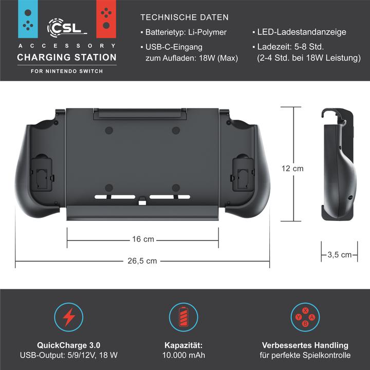 Produktbild CSL Nintendo Switch Akku Hülle 10000mAh, Controller Powerbank mit Joy-Con-Griffen, Gamepad Ladegerät (Switch)