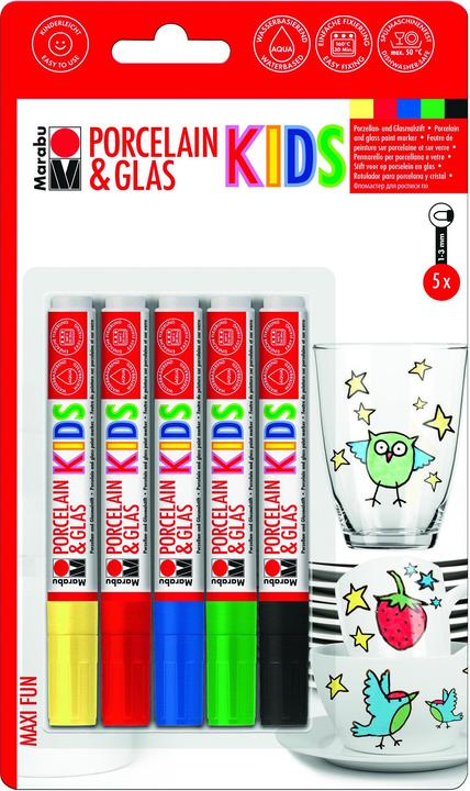Marabu Crayon à peindre la porcelaine et le verre KIDS (Jaune, Vert, Bleu, Noir, Rouge, 3 mm, 5 x)
