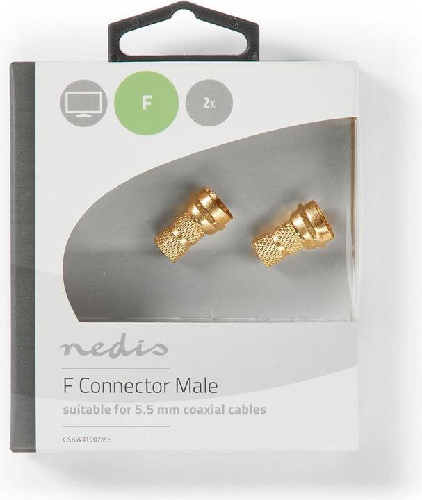 Produktbild Nedis F-Stecker gerade Stecker Vergoldet 75 Ohm Twist-on Kabeleingangsdurchmesser: 5.5 mm Kupfer Met (Antennenkabel)