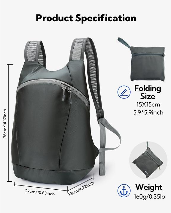 Produktbild Only-Bags.Store Ultraleichter faltbarer Rucksack : Kleiner verpackbarer Wanderrucksack Leichter dünner Rucksack (15 l)