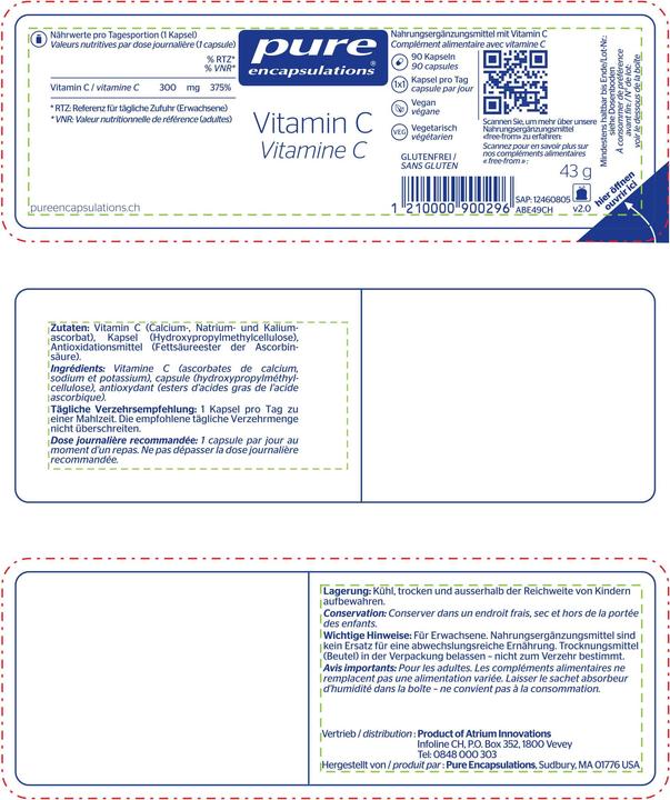 Nutritional values and ingredients Pure encapsulations Vitamin C (90 Piece, Capsules, 58 g)