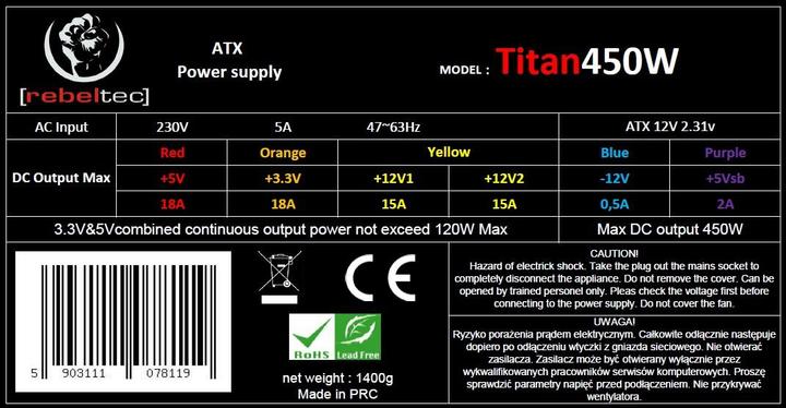 Image du produit Rebeltec Alimentation universelle pour ordinateur ATX ver. 2.31 TITAN 450 (450 W)