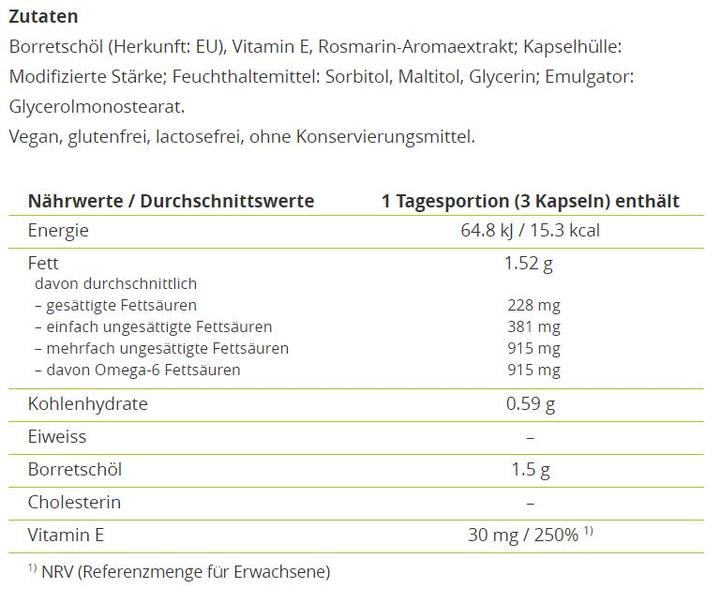 Nutritional values and ingredients Alpinamed Borage Oil (100 Piece, Capsules, 90 g)