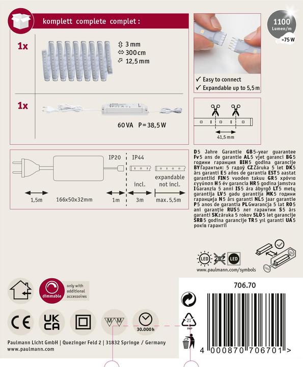 Immagine prodotto Paulmann Set di strisce MaxLED 1000 (Bianco caldo, 300 cm, Interno)