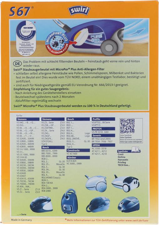 Actual product image Swirl Staubsaugerbeutel S67 MicroPor Plus für Siemens und Bosch Staubsauger