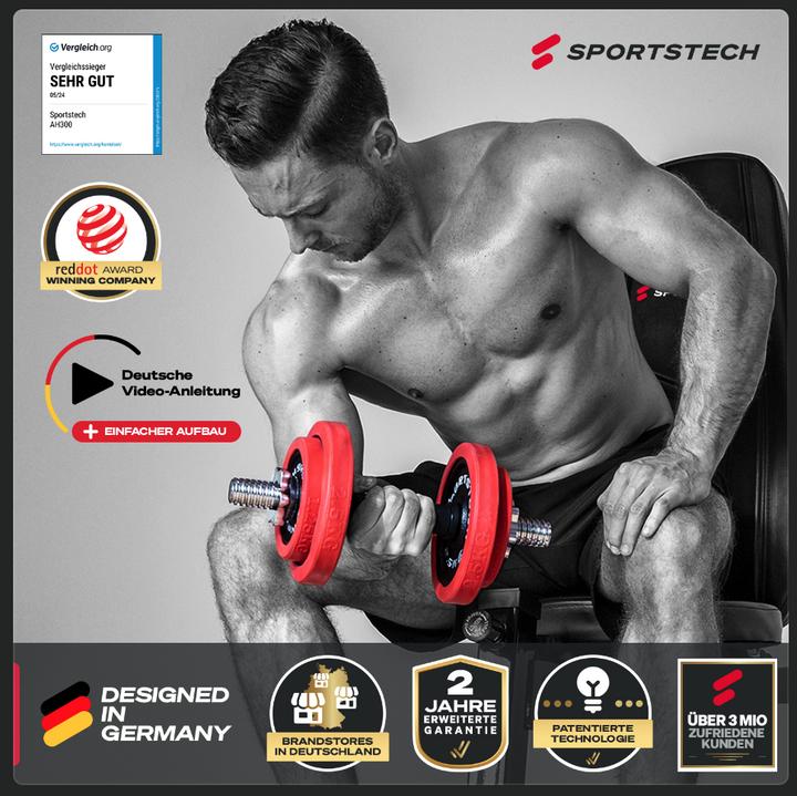 Produktbild Sportstech Sie können sich nicht entscheiden, ob eine Langhantel oder Kurzhanteln besser für Sie geeignet wären