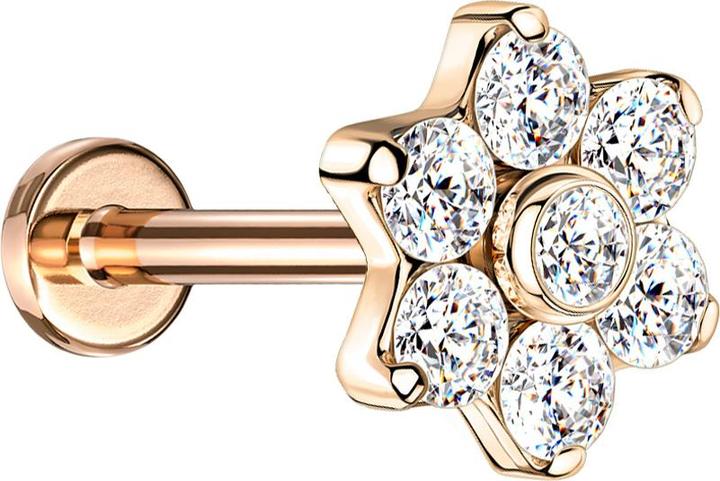 Star Piercing Micro Labret Innengewinde rosegold mit Blume Kristalle silber (ohne Messing, Titan G23)