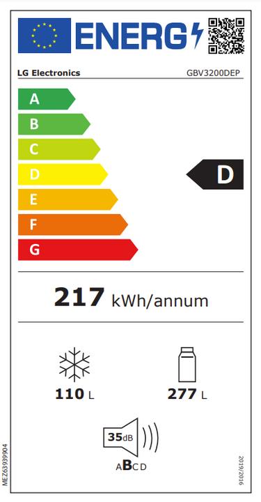 Label énergétique LG Kühlgefrierkombi GBV3200DEP D bk (384 l)