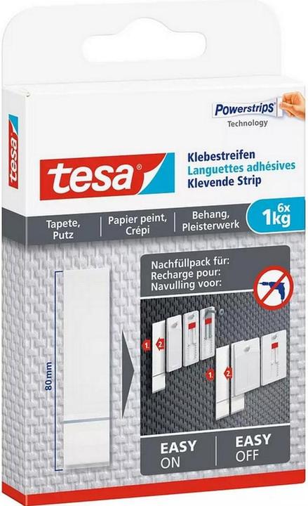 Produktbild tesa 3x Powerstrips für Tapete & Putz, 1kg Halteleistung, 18 doppelseitige Klebestreifen