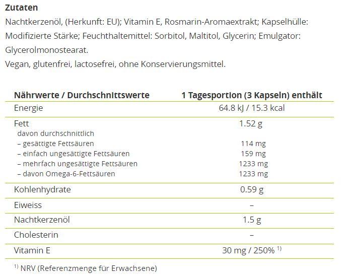 Nutritional values and ingredients Alpinamed Evening primrose oil (100 Piece, Capsules, 112 g)