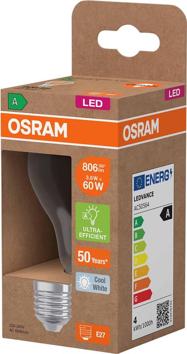 Produktbild Osram LED Lampe höchste Effizienzklasse A Filament CLASSIC 3.8W 840 klar E27 806lm 4000K neutralweis (E27, 3.80 W, 806 lm, 1 x, A)