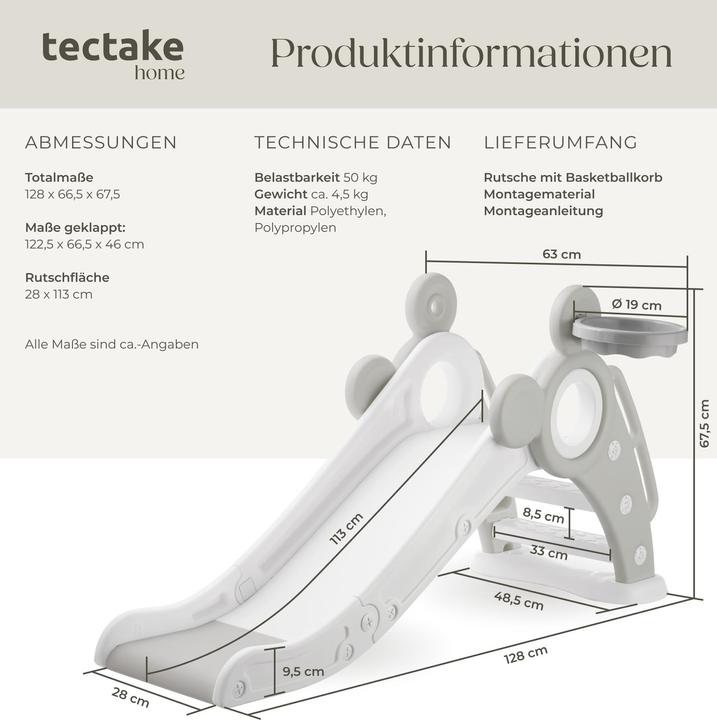 Produktbild tectake Kinderrutsche Joy, mit Basketballkorb, klappbar