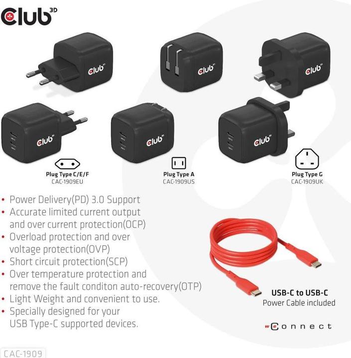 Image du produit Club 3D Chargeur PPS 45W GAN, Power Delivery (PD) 3.0 (45 W)