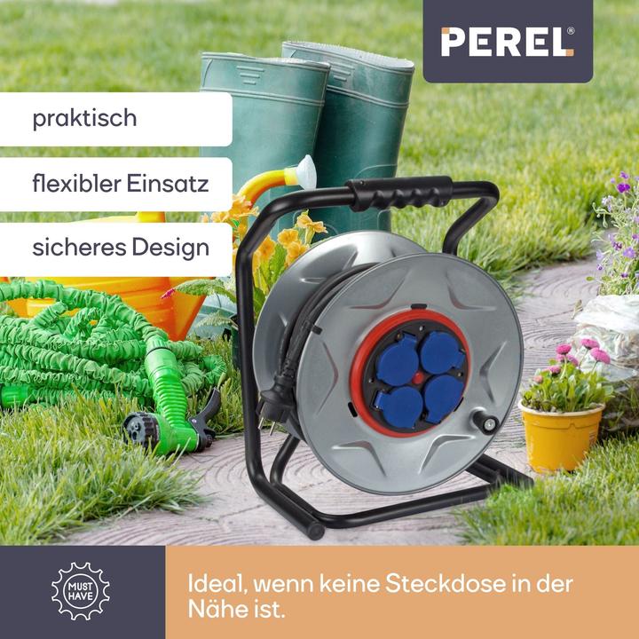 Actual product image Velleman PROFESSIONAL NEOPRENE CABLE REEL WITH ANTI-TWIST SYSTEM - 25 m - 3G2.5 - 4 SOCKETS - FRENCH SOCKET (25 m, 2.50 mm²)
