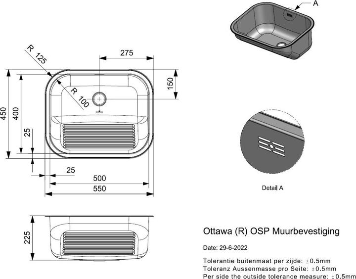 Actual product image Reginox Sink, Stainless Steel Kitchen Sink Ottawa OSP Wall Mounted, 50x40 cm R04029 (Sink accessories, 22.50 cm, 55 cm)