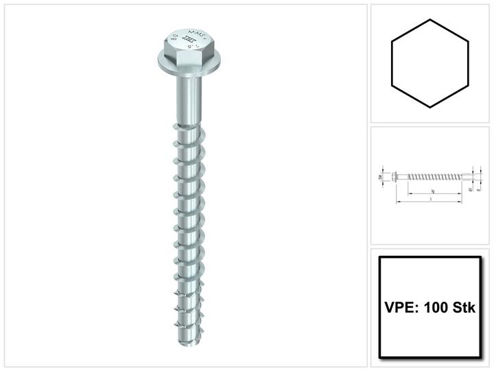 Heco MULTI MONTI plus SS Schraubanker 6,0 x 60 mm 100 Stück ( 48385 ) Betonschraube, Sechskantkopf (100 Schrauben pro Stück)