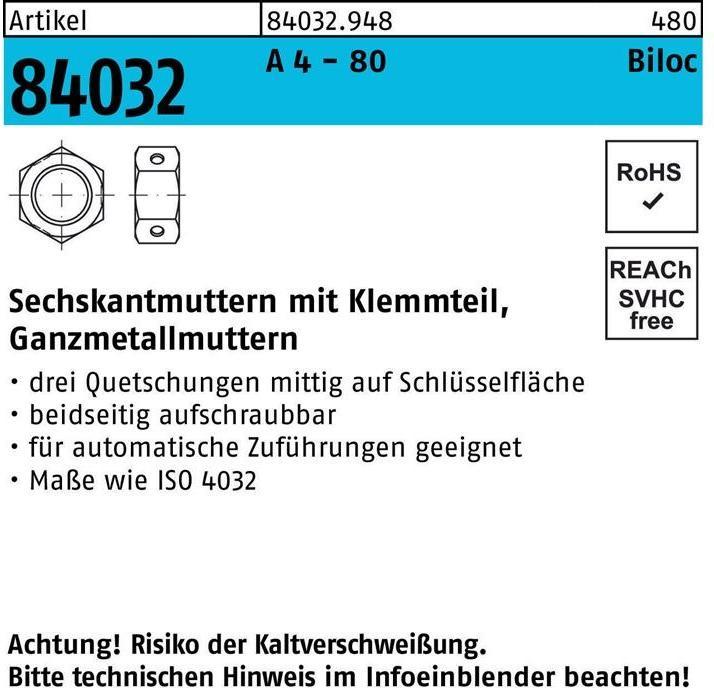 Écrou hexagonal R 84032 Biloc avec pièce de serrage M 12 A 4 - 80 (M12)
