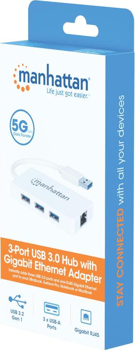 Immagine prodotto Manhattan 3-Port USB 3.0 Hub mit Gigabit Ethernet Adapter (USB-A, 4 Porti)