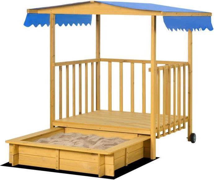 Produktbild Swisshandel24 Sandkasten mit Dach, Sandkiste aus Holz mit Spielhaus, 133 x 129 x 137,5 cm Sandbox mit Rollen für 3