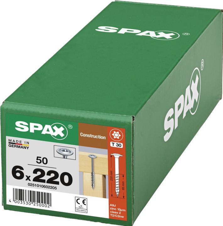Produktbild Spax HI.FORCE Tellerkopf Schraube 6,0 x 220 mm 50 Stk. ( 0251010602205 ) Torx T-Star Plus T30 (1 Schrauben pro Stück)