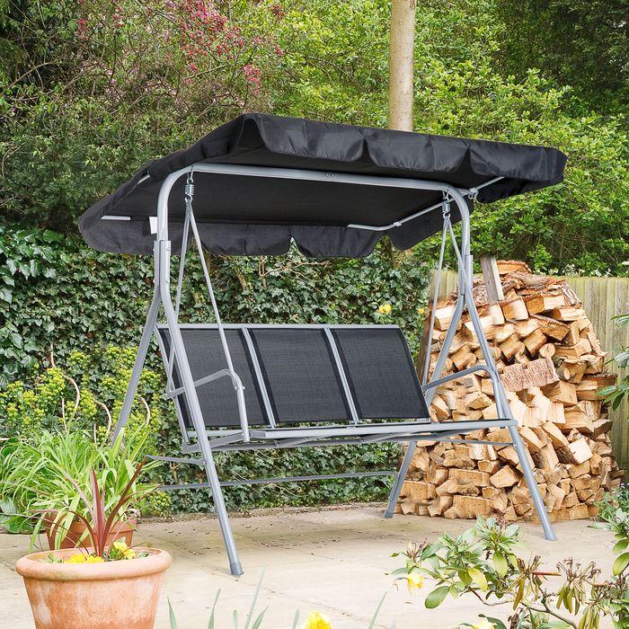 Produktbild Swisshandel24 Hollywoodschaukel 3-Sitzer Gartenschaukel Schaukelbank mit Dach Metall Schwarz+Silber 171 x 108 x 15