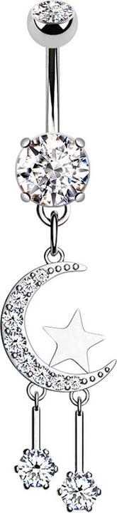 Star Piercing Banane silber mit zwei Kugeln Kristall silber Anhänger Mond und Sterne (Messing, Chirurgenstahl 316L)