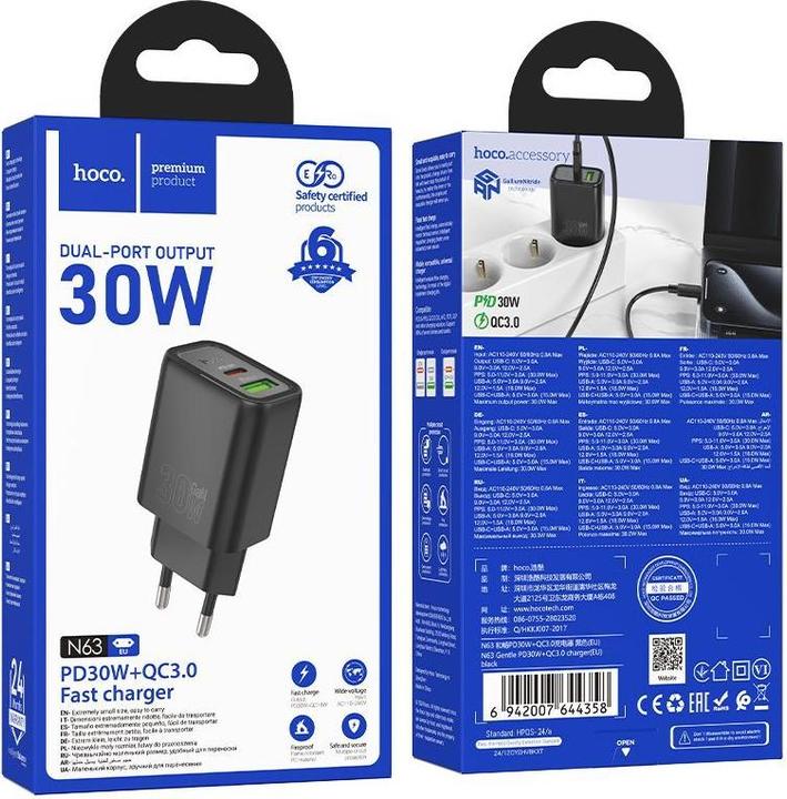 Produktbild Hoco Adapter N63 Gentle PD30W+QC3.0 charger(EU) Black (30 W)