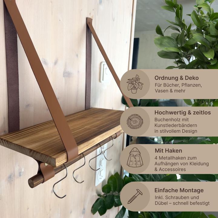 Produktbild Hermex Wandregal mit Lederbändern und Holzstab Dekoregal Hängeregal
