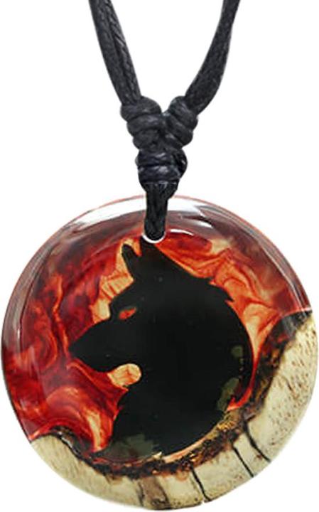 Star Piercing Halskette schwarz Anhänger Wolf in Flammen Epoxy rot aus Tamarind Holz (Organisch, ohne Messing)