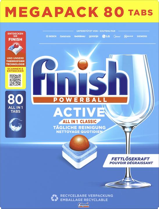 Finish Active All In 1 Dishwasher Tabs, Megapack (Tabs, 80 Washing cycles)