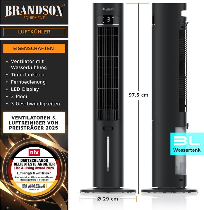 Produktbild Brandson Mobiler Luftkühler, Verdunstungskühler, Timer, Lüfter, Klimaanlage, 55W Wasserkühlung Turmventilator