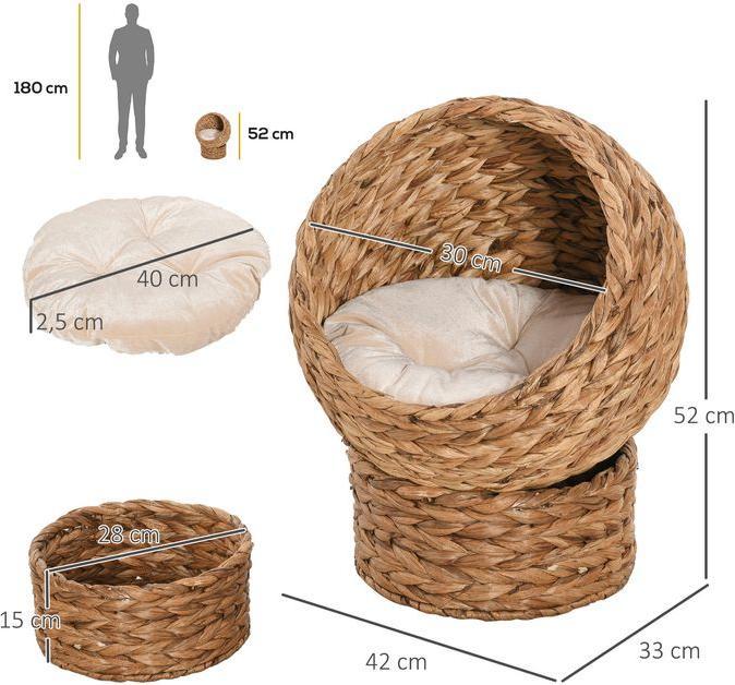 Produktbild Swisshandel24 Rattan Katzenkorb Katzenhöhle Katzenhütte Katzenbett mit Kissen Haustierbett Wasserhyazinthe Hellbra (Katze)