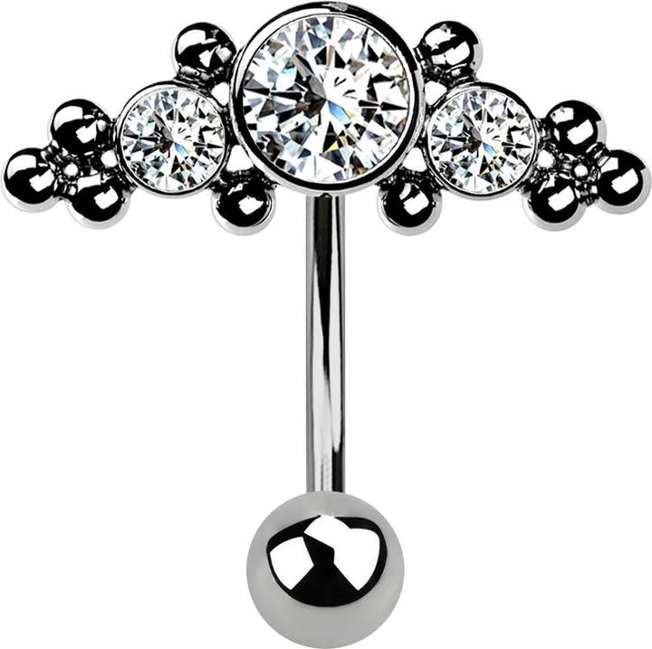 Star Piercing Micro Threadless Banane silber mit Kugel und Aufsatz mittig mit Kugeln und drei Kristallen silber (ohne Messing, Titan G23)