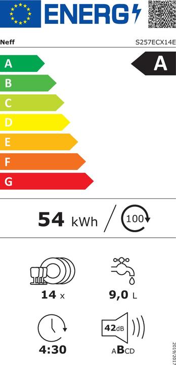 Etichetta energetica Neff N 70, Lavastoviglie completamente integrata, 60 cm, XXL, S257ECX14E