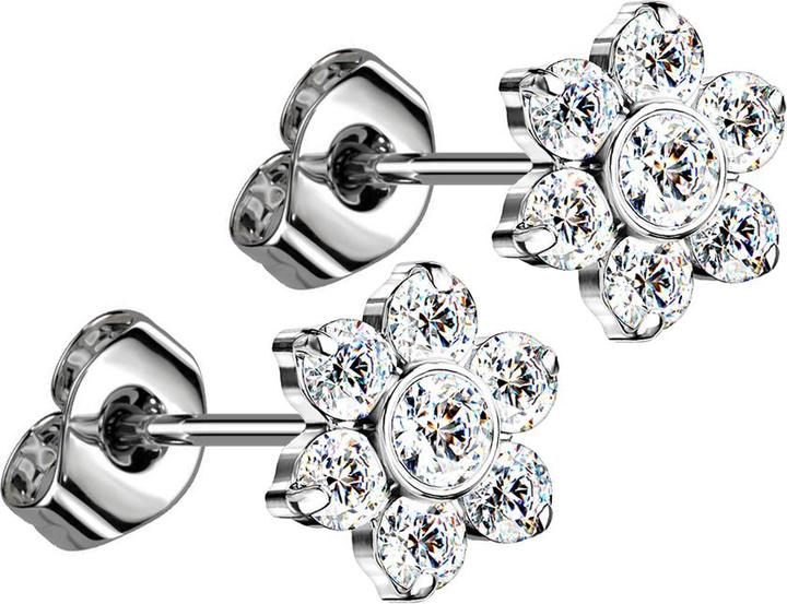 Star Piercing Threadless Ohrstecker silber Blume Kristalle silber (ohne Messing, Titan G23)