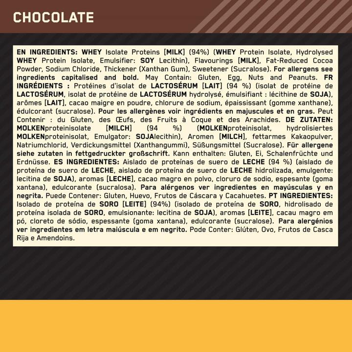 Nutritional values and ingredients Optimum Nutrition Gold Standard Isolate (Chocolate, 1 pcs., 930 g)