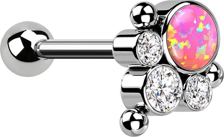 Star Piercing Micro Barbell Threadless silber mit Kugel und drei Kugeln drei Kristalle silber Opal pink (Titan G23, ohne Messing)
