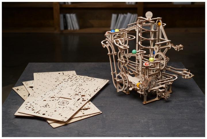 Actual product image Ugears 70177 - Model kit marble run with spiral lift, 266 components, 3D wooden puzzle