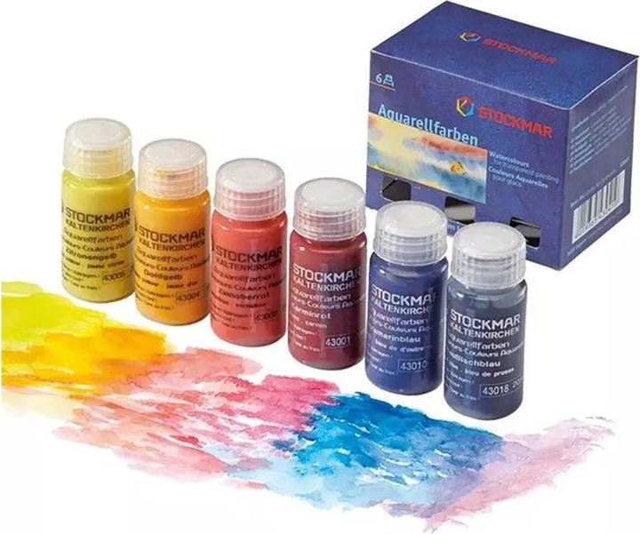 Actual product image Stockmar Watercolour paints, 6 pieces - basic assortment (02 Vermilion red, 01 Carmine red, 05 Lemon yellow, 18 Prussian blue, 10 Ultramarine blue, 04 Golden yellow, 20 ml)