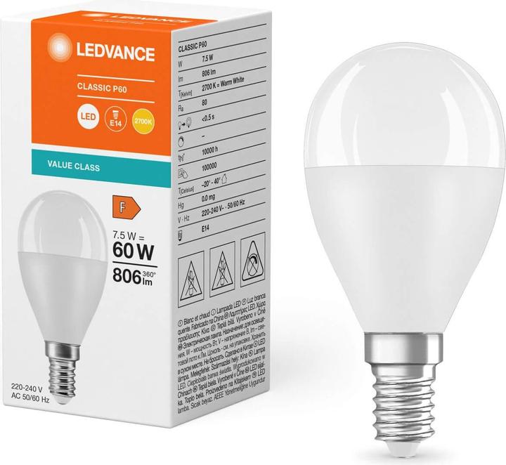 Produktbild Ledvance LED-Tropfenlampe (E14, 7.50 W, 806 lm, 1 x, F)