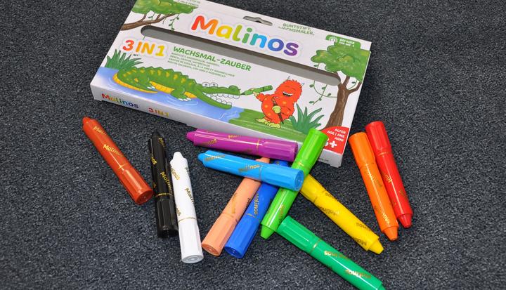 Image du produit Malinos crayons de cire 3 en 1 (Noir, Marron, Bleu foncé, Bleu clair, Vert clair, Lila, Blanc, Rouge, Vert, Jaune, Orange, Rose, 12 x)